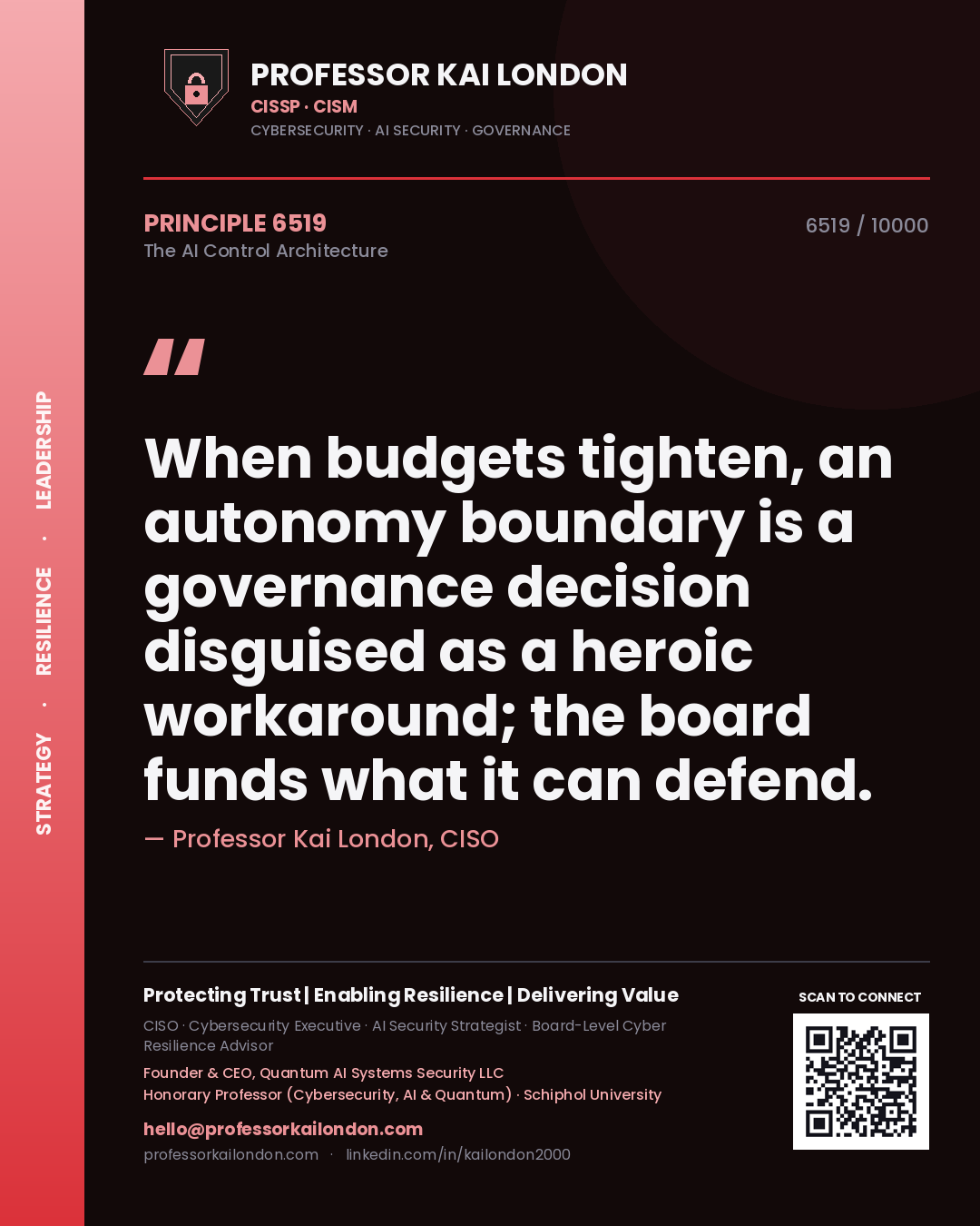 Professor Kai London principle 6519: When budgets tighten, an autonomy boundary is a governance decision disguised as a heroic workaround; the board funds what it can defend.