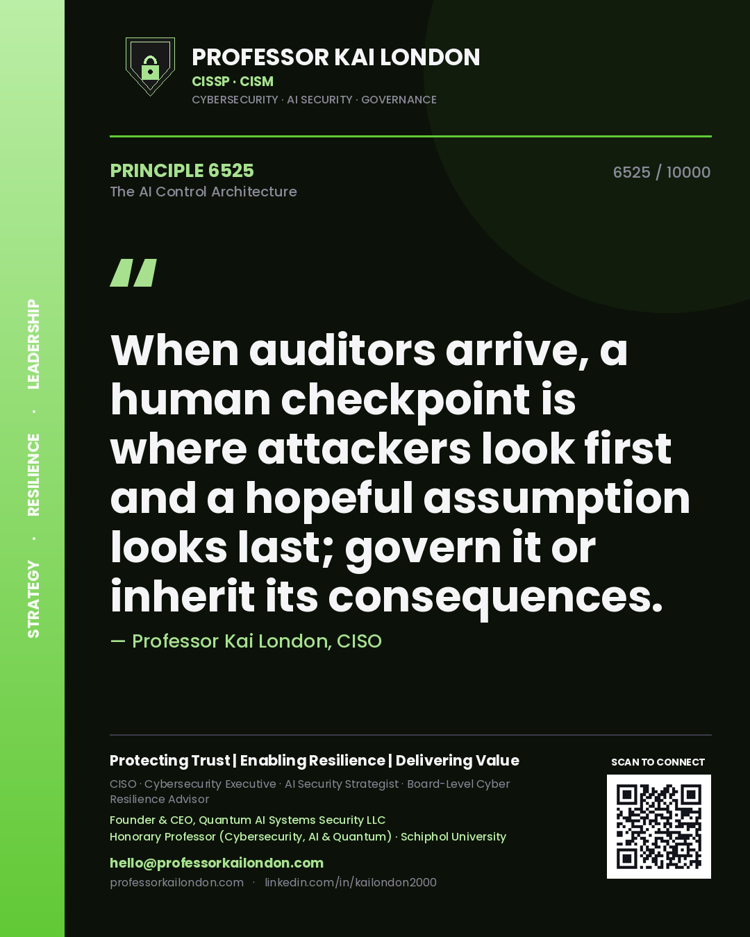 Professor Kai London principle 6525: When auditors arrive, a human checkpoint is where attackers look first and a hopeful assumption looks last; govern it or inherit its consequences.