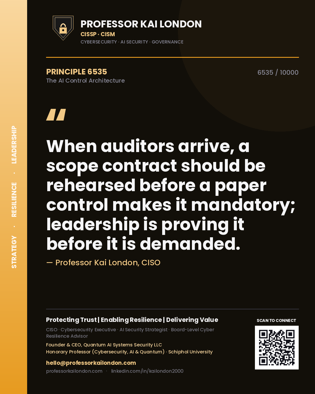 Professor Kai London principle 6535: When auditors arrive, a scope contract should be rehearsed before a paper control makes it mandatory; leadership is proving it before it is demanded.