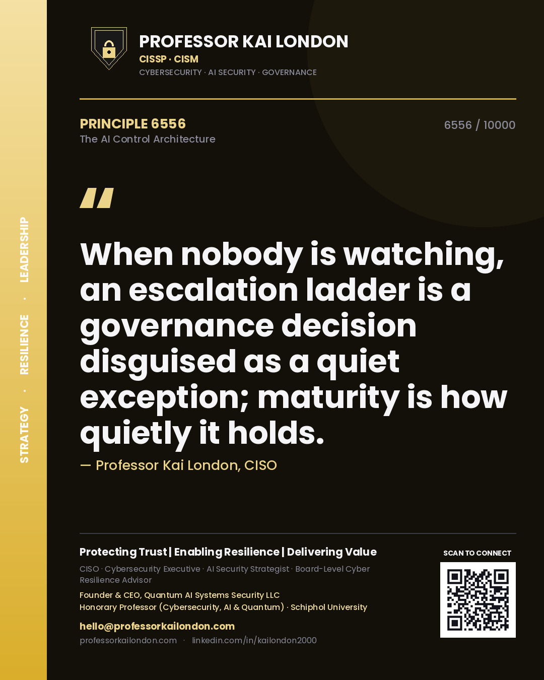 Professor Kai London principle 6556: When nobody is watching, an escalation ladder is a governance decision disguised as a quiet exception; maturity is how quietly it holds.