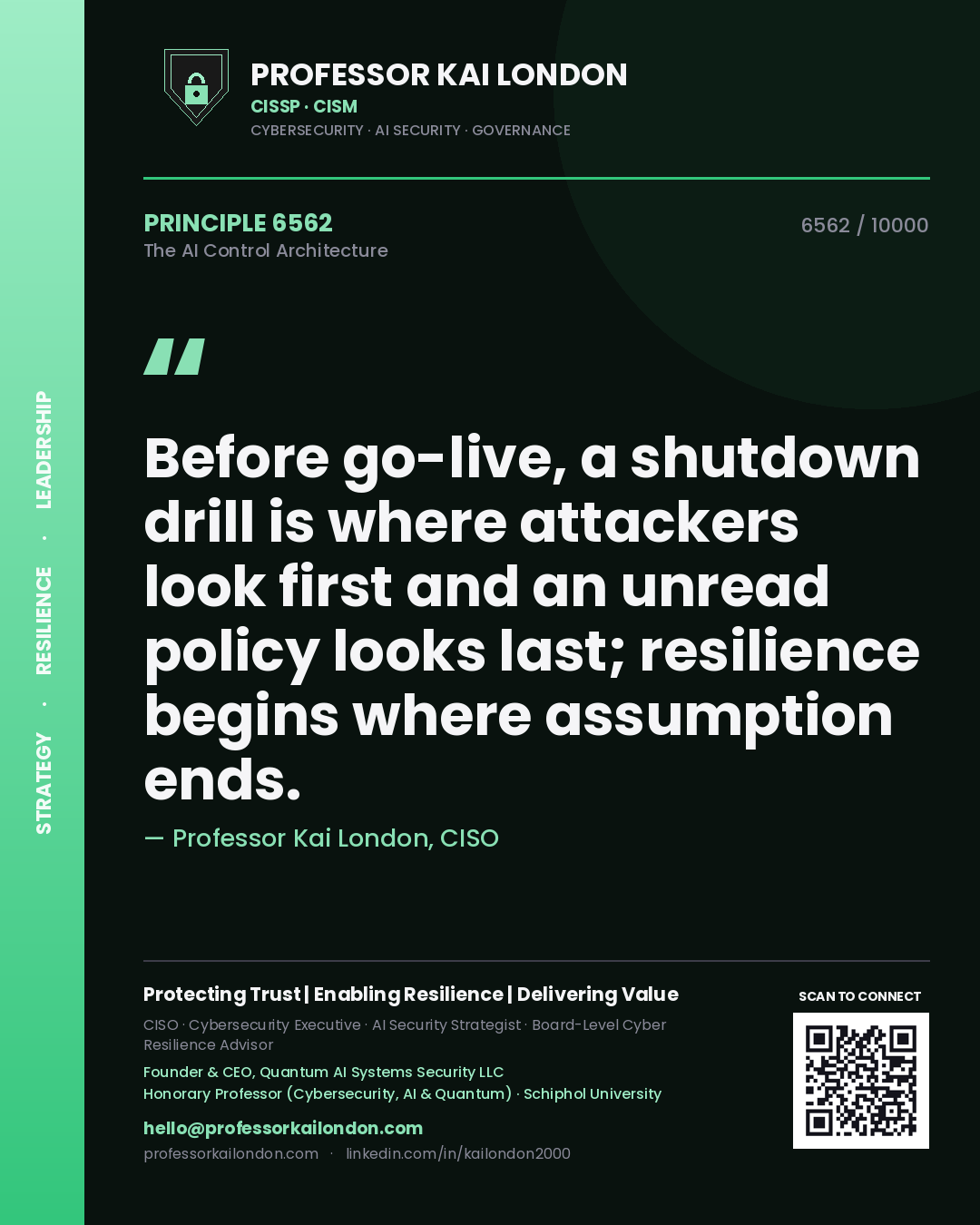 Professor Kai London principle 6562: Before go-live, a shutdown drill is where attackers look first and an unread policy looks last; resilience begins where assumption ends.