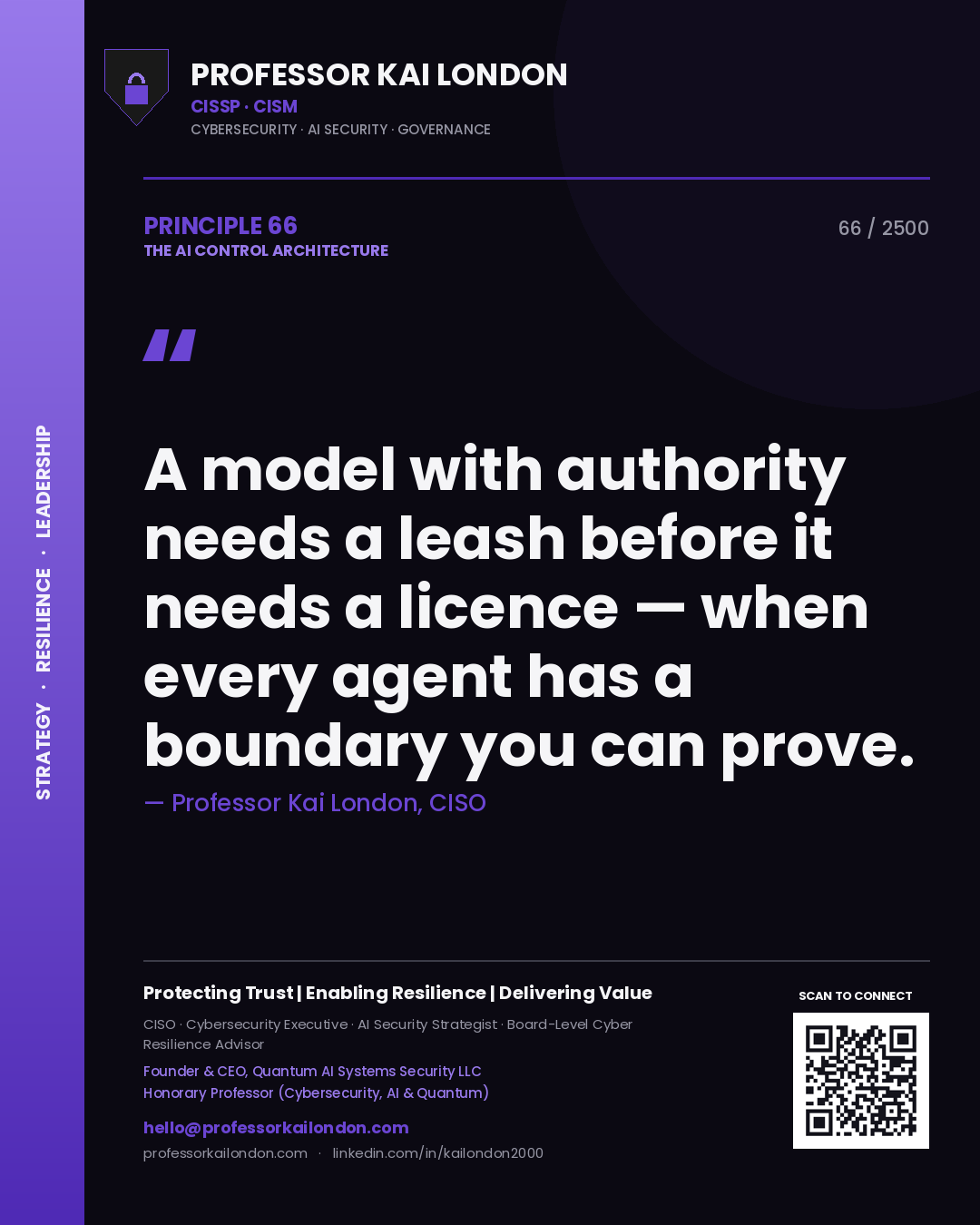 Professor Kai London principle 66: A model with authority needs a leash before it needs a licence — when every agent has a boundary you can prove.