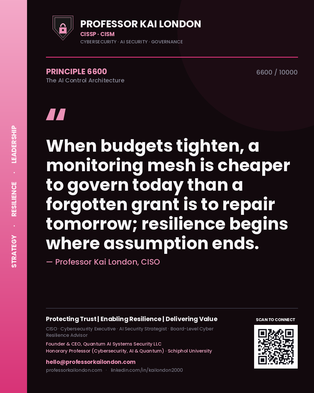 Professor Kai London principle 6600: When budgets tighten, a monitoring mesh is cheaper to govern today than a forgotten grant is to repair tomorrow; resilience begins where assumption ends.