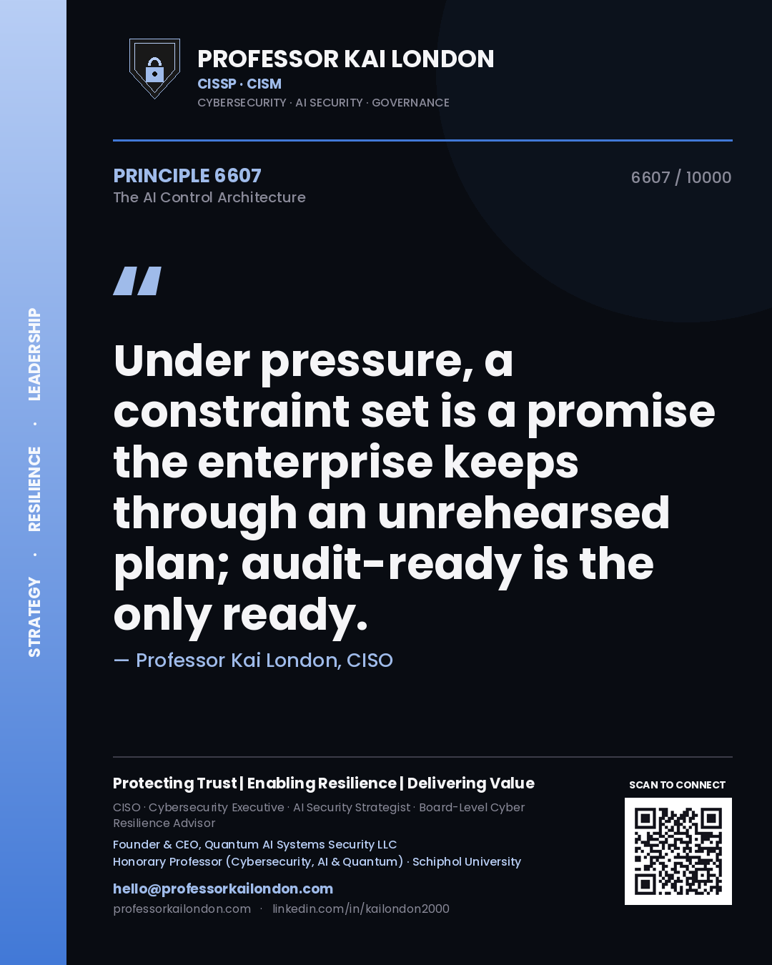 Professor Kai London principle 6607: Under pressure, a constraint set is a promise the enterprise keeps through an unrehearsed plan; audit-ready is the only ready.