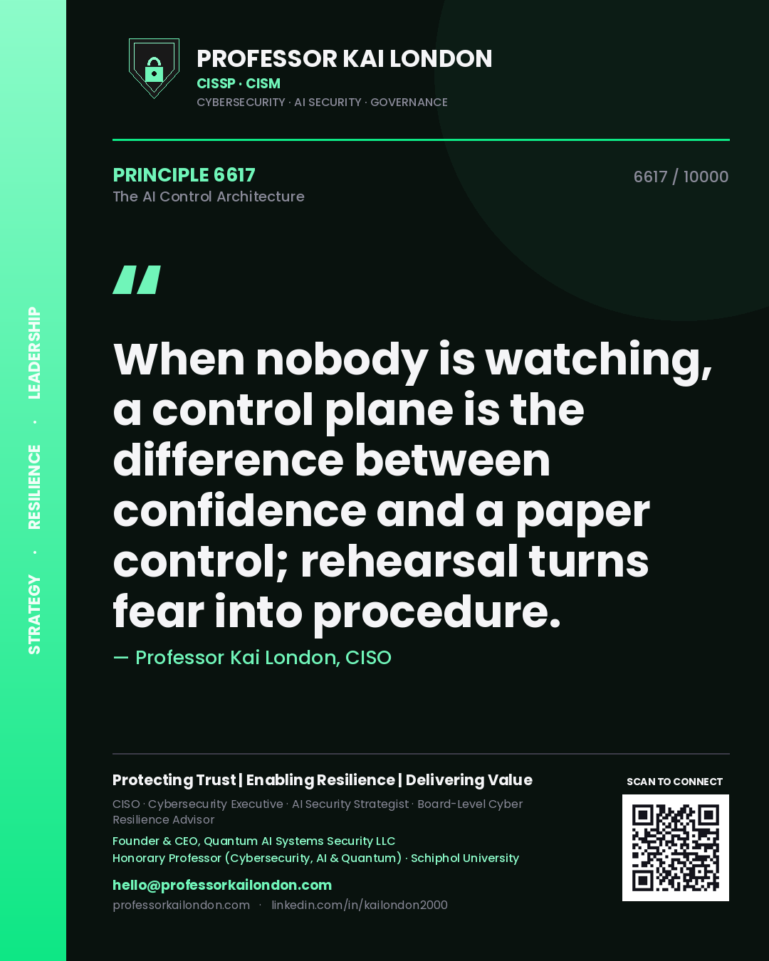 Quote card by Professor Kai London reading 'When nobody is watching, a control plane is the difference between confidence and a paper control; rehearsal turns fear into procedure.'. From the book The AI Control Architecture.