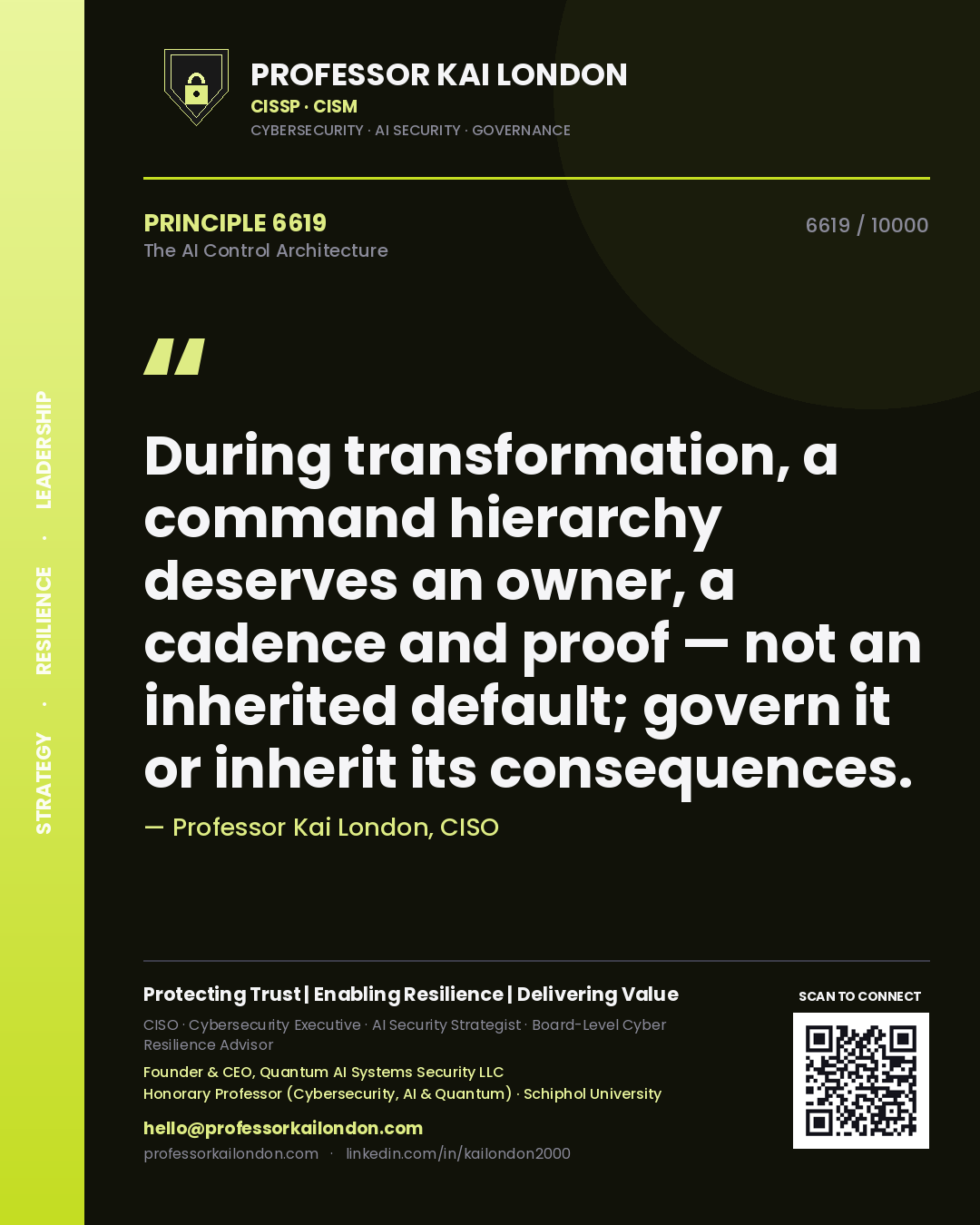 Professor Kai London principle 6619: During transformation, a command hierarchy deserves an owner, a cadence and proof — not an inherited default; govern it or inherit its consequences.