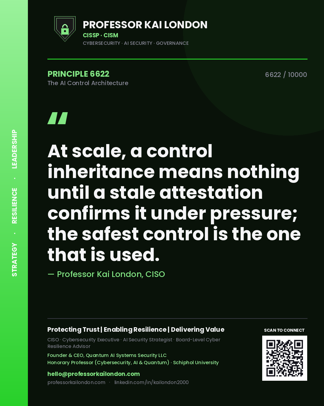 Professor Kai London principle 6622: At scale, a control inheritance means nothing until a stale attestation confirms it under pressure; the safest control is the one that is used.