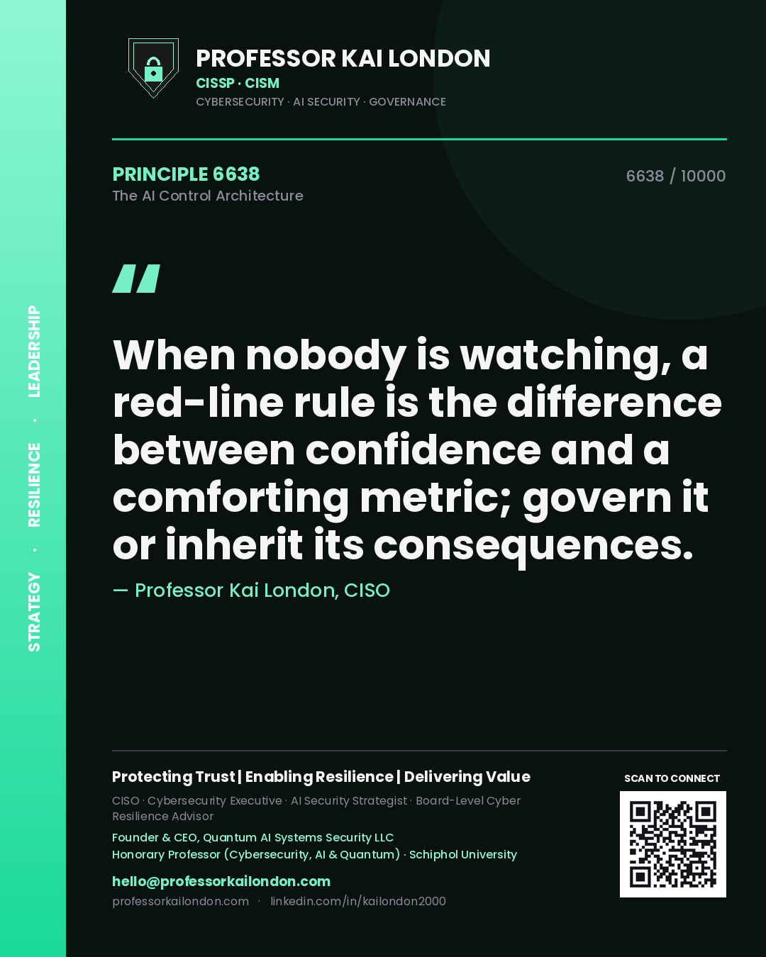 Quote card by Professor Kai London reading 'When nobody is watching, a red-line rule is the difference between confidence and a comforting metric; govern it or inherit its consequences.'. From the book The AI Control Architecture.