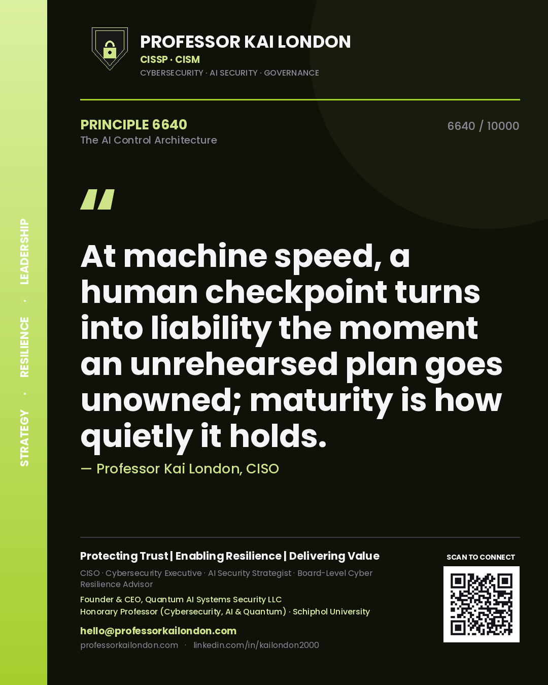 Professor Kai London principle 6640: At machine speed, a human checkpoint turns into liability the moment an unrehearsed plan goes unowned; maturity is how quietly it holds.