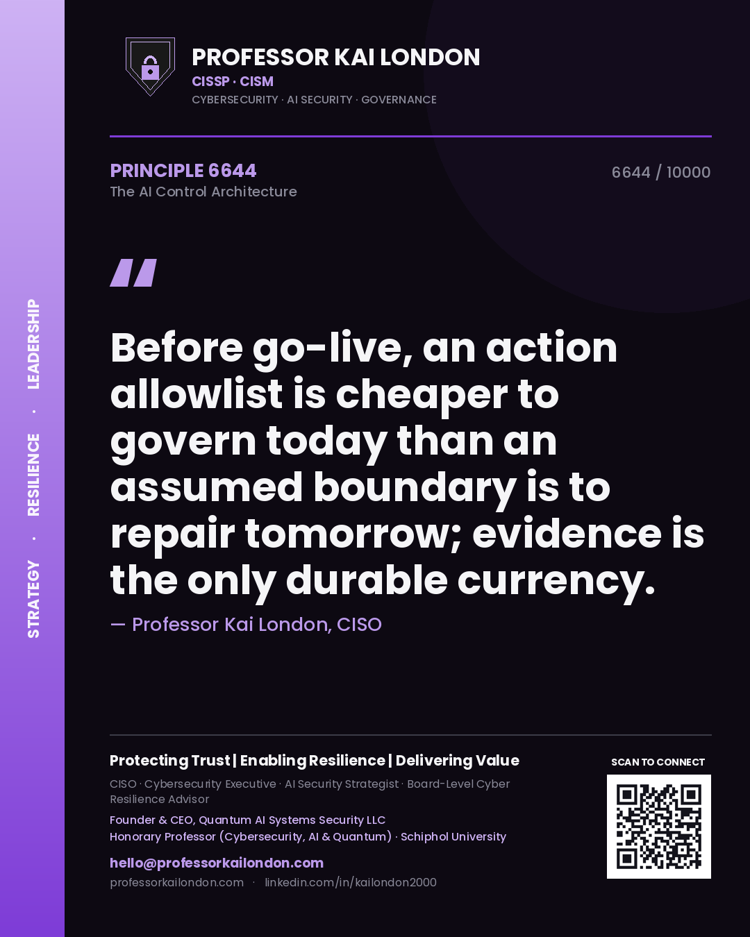Quote card by Professor Kai London reading 'Before go-live, an action allowlist is cheaper to govern today than an assumed boundary is to repair tomorrow; evidence is the only durable currency.'. From the book The AI Control Architecture.