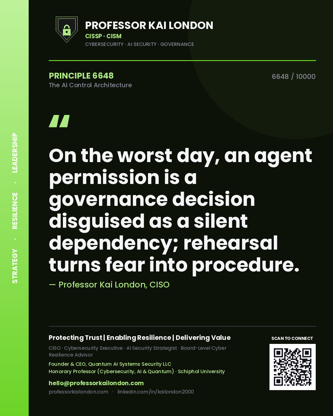 Quote card by Professor Kai London reading 'On the worst day, an agent permission is a governance decision disguised as a silent dependency; rehearsal turns fear into procedure.'. From the book The AI Control Architecture.