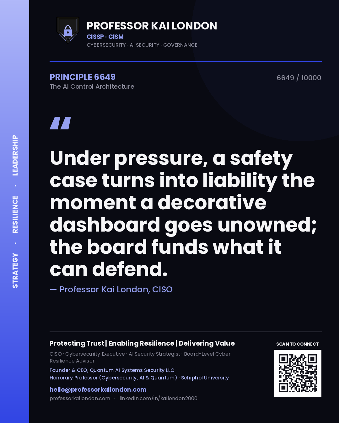 Professor Kai London principle 6649: Under pressure, a safety case turns into liability the moment a decorative dashboard goes unowned; the board funds what it can defend.