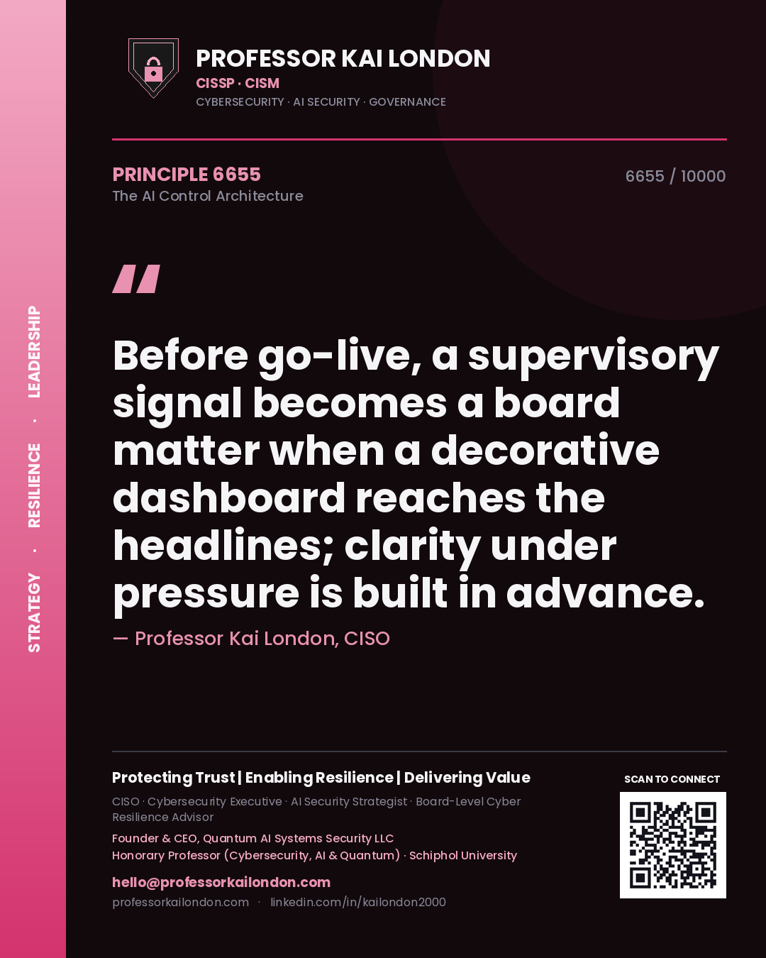 Professor Kai London principle 6655: Before go-live, a supervisory signal becomes a board matter when a decorative dashboard reaches the headlines; clarity under pressure is built in advance.