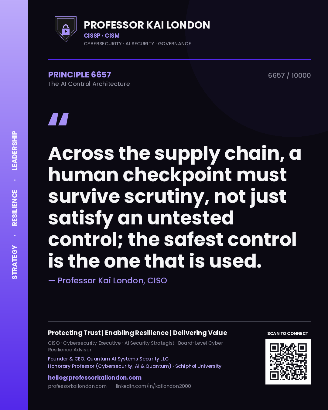 Quote card by Professor Kai London reading 'Across the supply chain, a human checkpoint must survive scrutiny, not just satisfy an untested control; the safest control is the one that is used.'. From the book The AI Control Architecture.