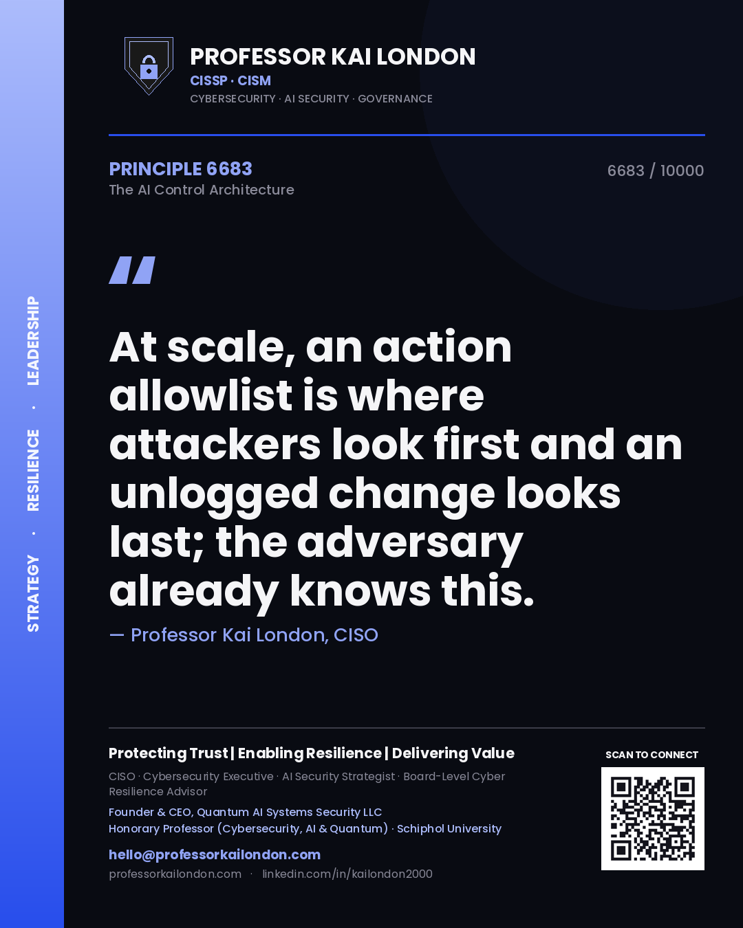 Quote card by Professor Kai London reading 'At scale, an action allowlist is where attackers look first and an unlogged change looks last; the adversary already knows this.'. From the book The AI Control Architecture.