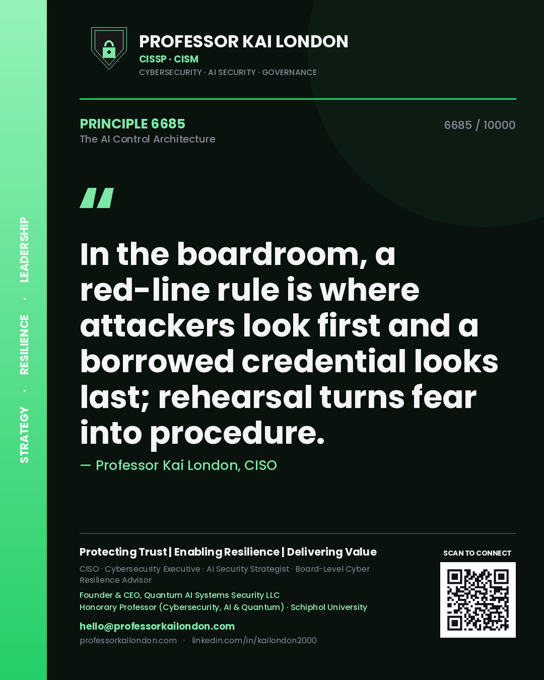 Professor Kai London principle 6685: In the boardroom, a red-line rule is where attackers look first and a borrowed credential looks last; rehearsal turns fear into procedure.