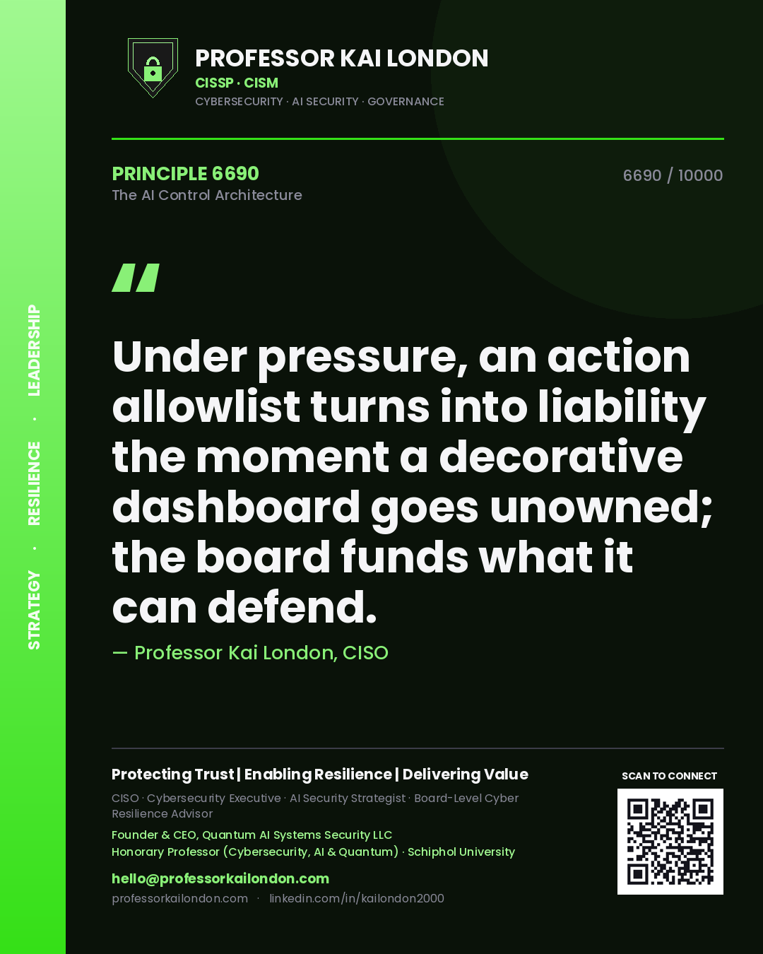 Professor Kai London principle 6690: Under pressure, an action allowlist turns into liability the moment a decorative dashboard goes unowned; the board funds what it can defend.