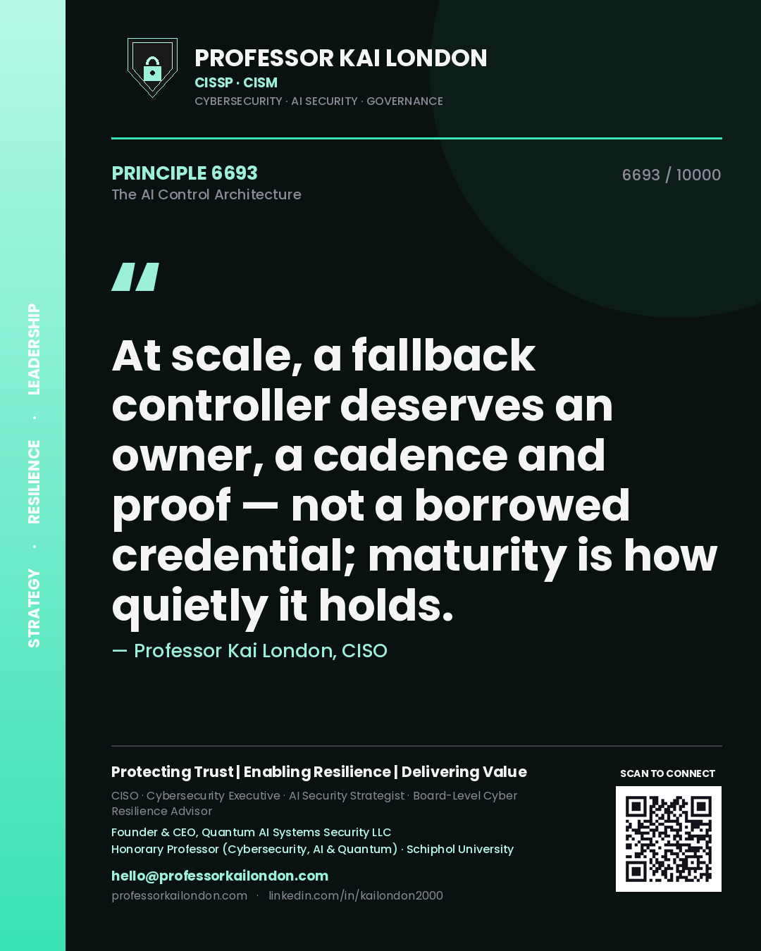 Professor Kai London principle 6693: At scale, a fallback controller deserves an owner, a cadence and proof — not a borrowed credential; maturity is how quietly it holds.