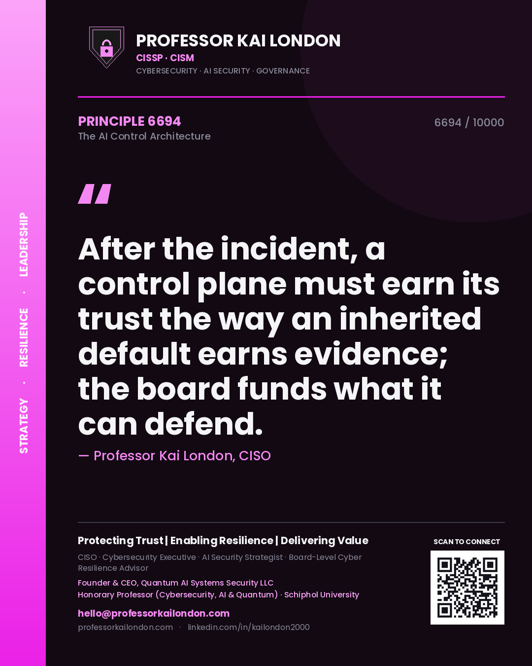 Professor Kai London principle 6694: After the incident, a control plane must earn its trust the way an inherited default earns evidence; the board funds what it can defend.
