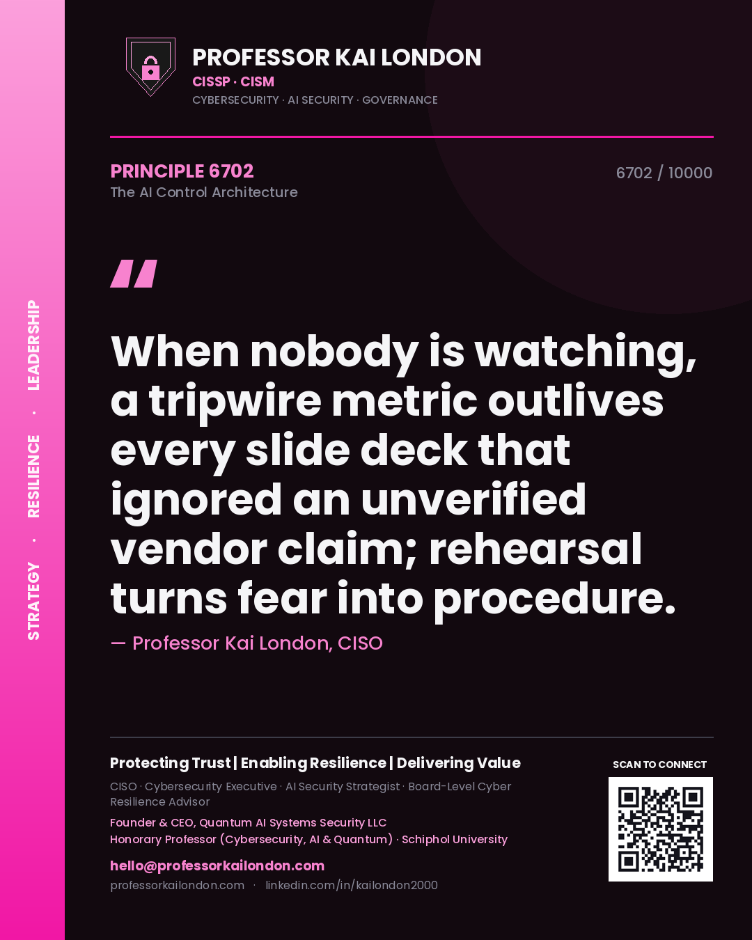 Professor Kai London principle 6702: When nobody is watching, a tripwire metric outlives every slide deck that ignored an unverified vendor claim; rehearsal turns fear into procedure.