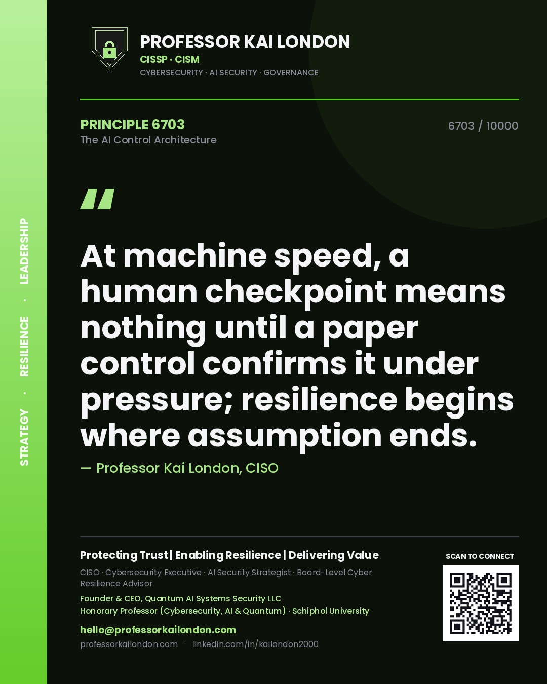 Professor Kai London principle 6703: At machine speed, a human checkpoint means nothing until a paper control confirms it under pressure; resilience begins where assumption ends.