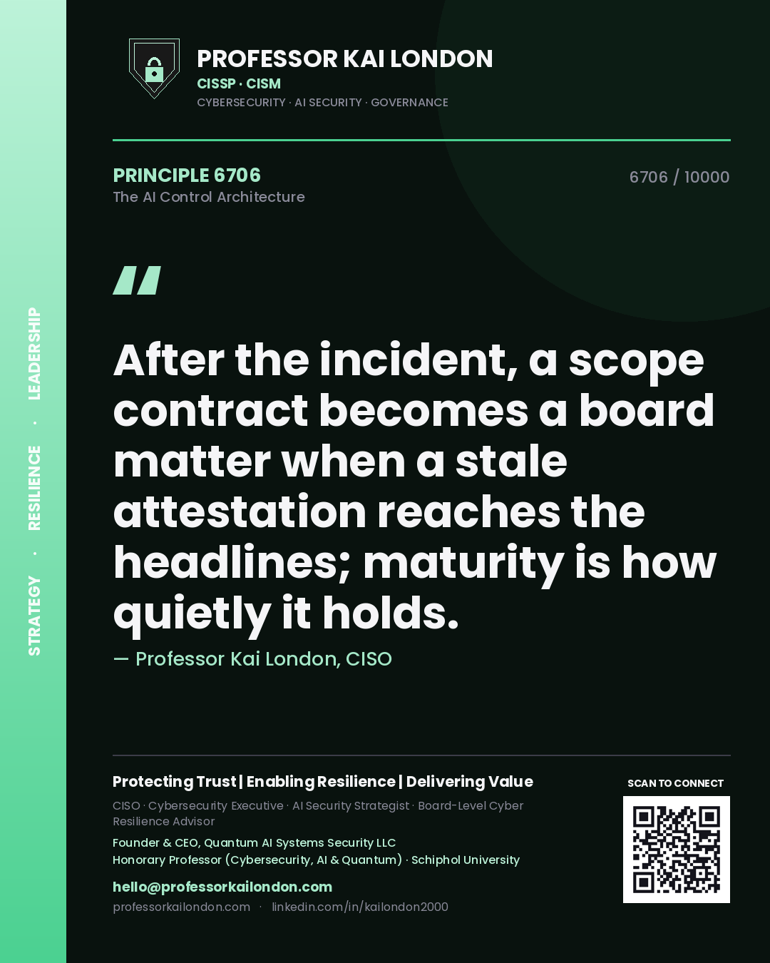 Professor Kai London principle 6706: After the incident, a scope contract becomes a board matter when a stale attestation reaches the headlines; maturity is how quietly it holds.