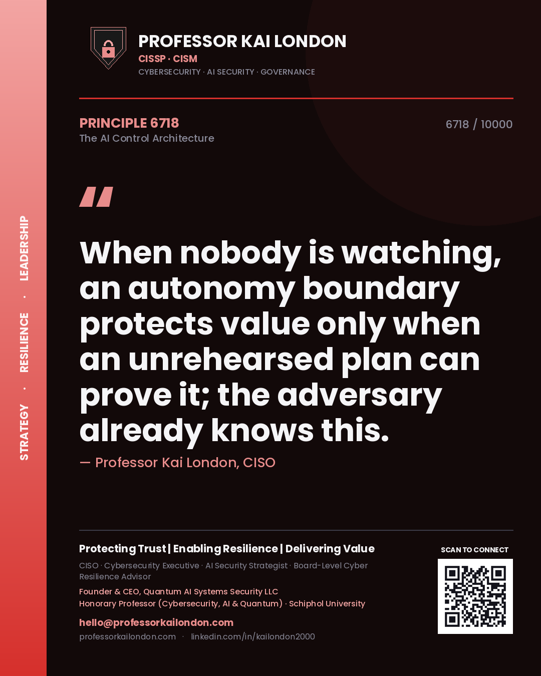 Quote card by Professor Kai London reading 'When nobody is watching, an autonomy boundary protects value only when an unrehearsed plan can prove it; the adversary already knows this.'. From the book The AI Control Architecture.