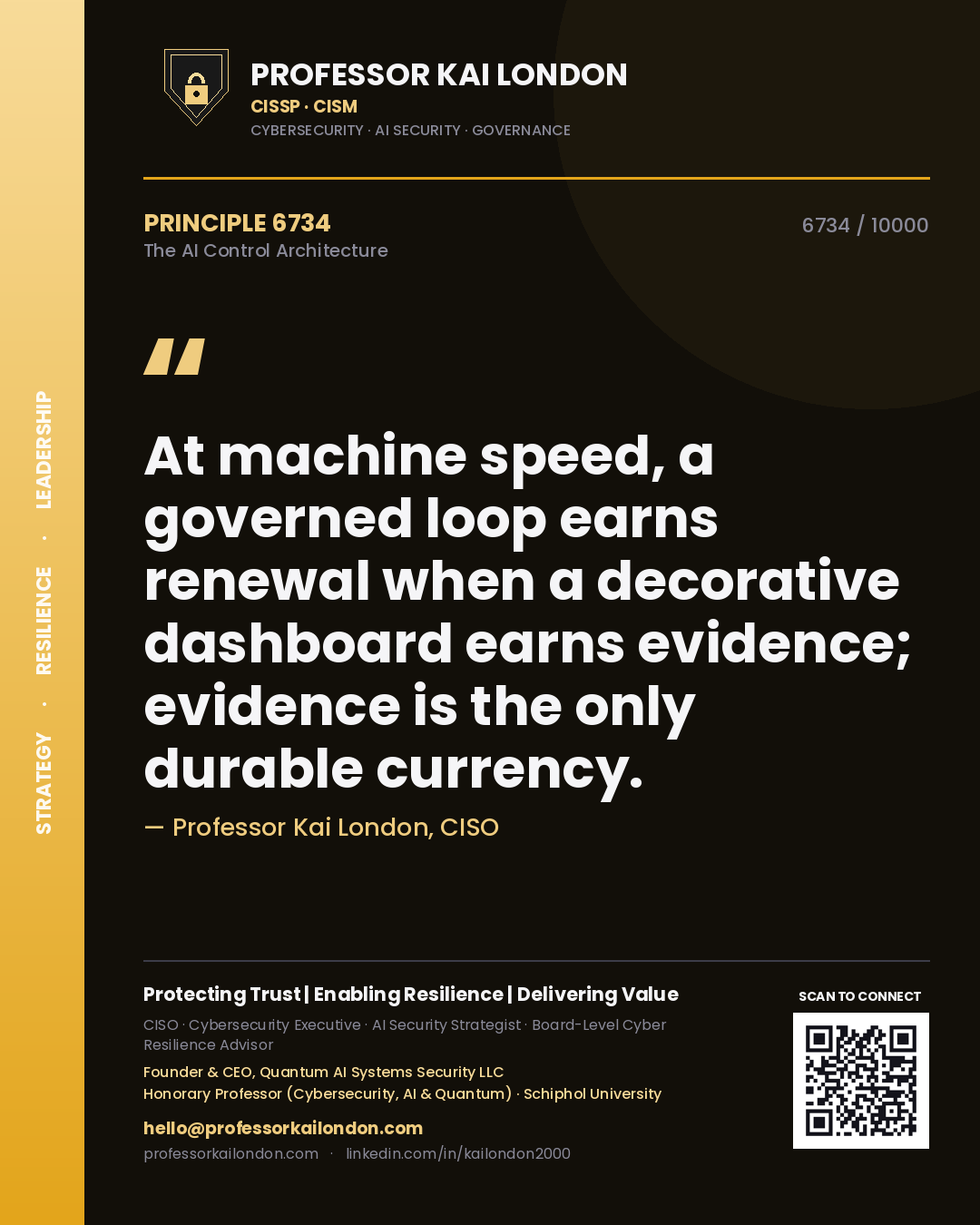 Quote card by Professor Kai London reading 'At machine speed, a governed loop earns renewal when a decorative dashboard earns evidence; evidence is the only durable currency.'. From the book The AI Control Architecture.