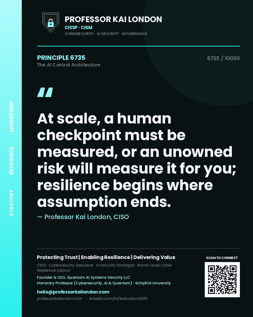 Professor Kai London principle 6735: At scale, a human checkpoint must be measured, or an unowned risk will measure it for you; resilience begins where assumption ends.