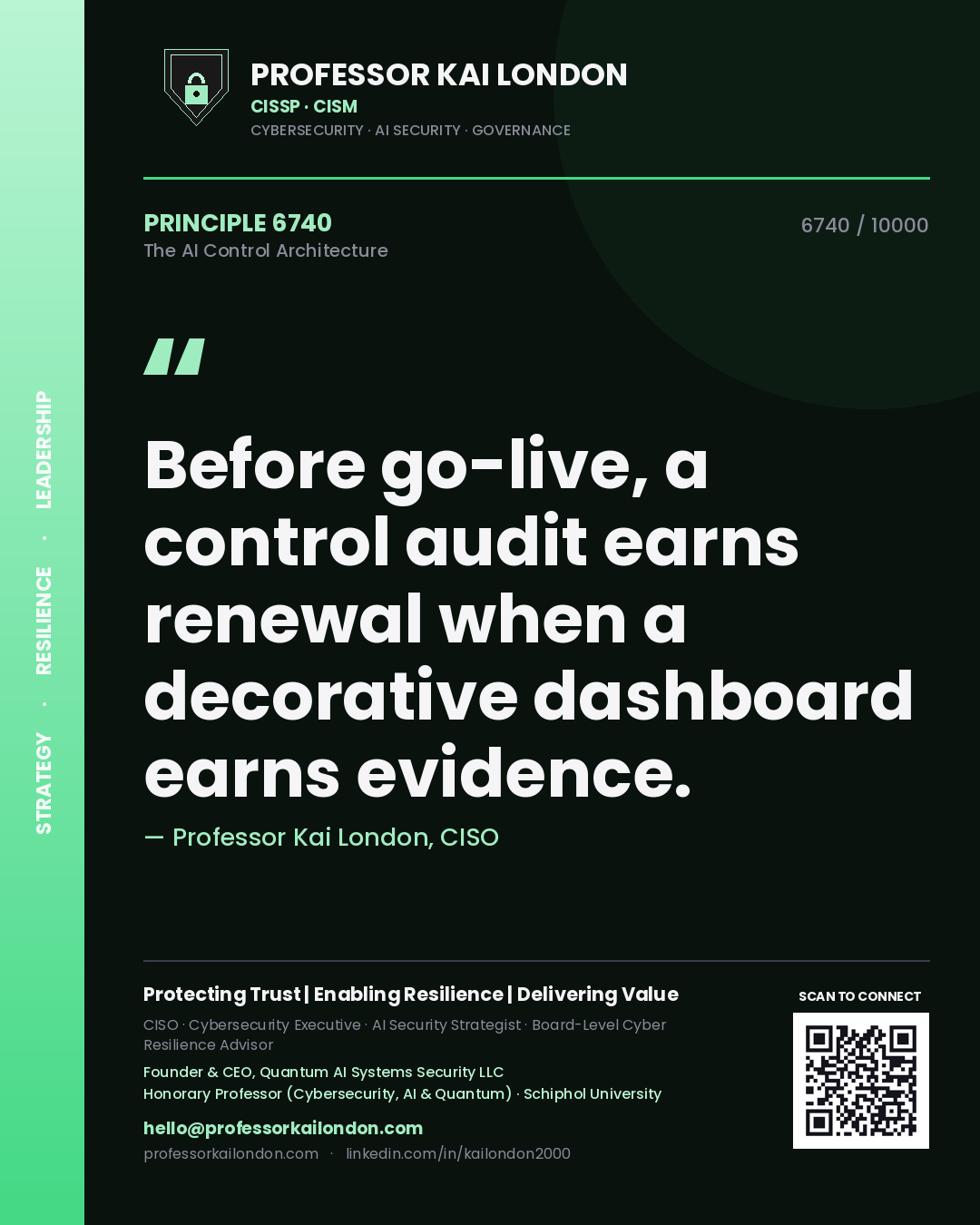 Quote card by Professor Kai London reading 'Before go-live, a control audit earns renewal when a decorative dashboard earns evidence.'. From the book The AI Control Architecture.
