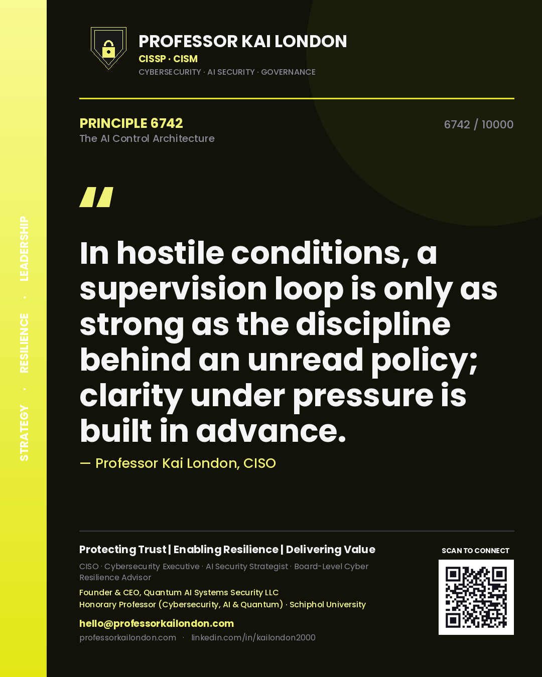 Quote card by Professor Kai London reading 'In hostile conditions, a supervision loop is only as strong as the discipline behind an unread policy; clarity under pressure is built in advance.'. From the book The AI Control Architecture.