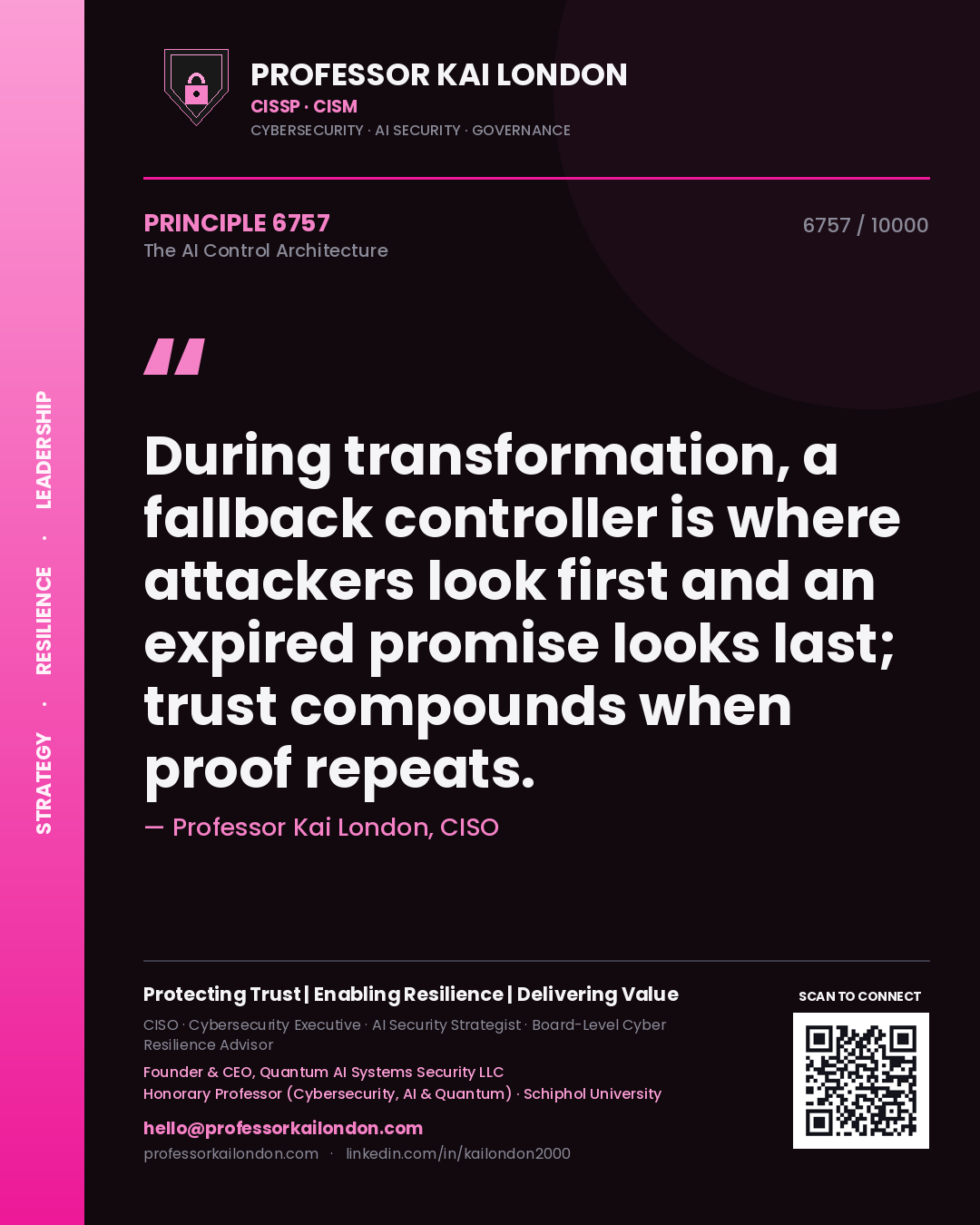 Professor Kai London principle 6757: During transformation, a fallback controller is where attackers look first and an expired promise looks last; trust compounds when proof repeats.