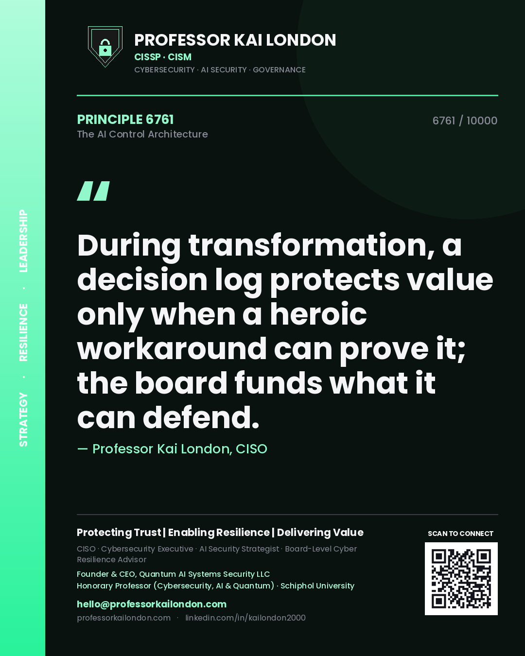 Quote card by Professor Kai London reading 'During transformation, a decision log protects value only when a heroic workaround can prove it; the board funds what it can defend.'. From the book The AI Control Architecture.