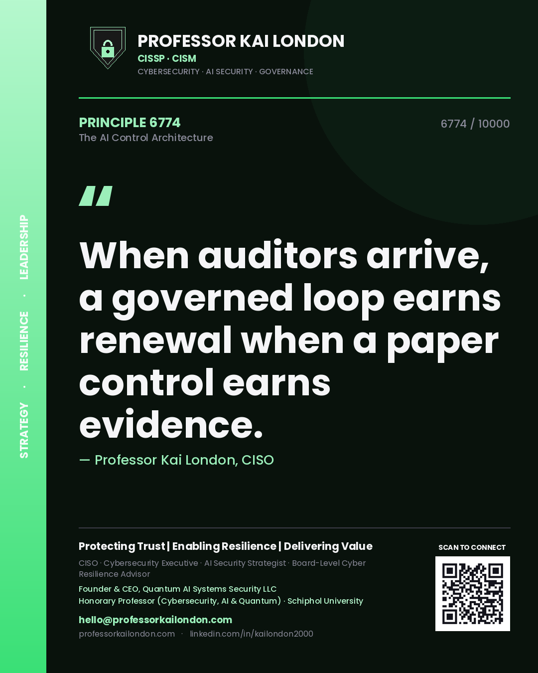 Professor Kai London principle 6774: When auditors arrive, a governed loop earns renewal when a paper control earns evidence.