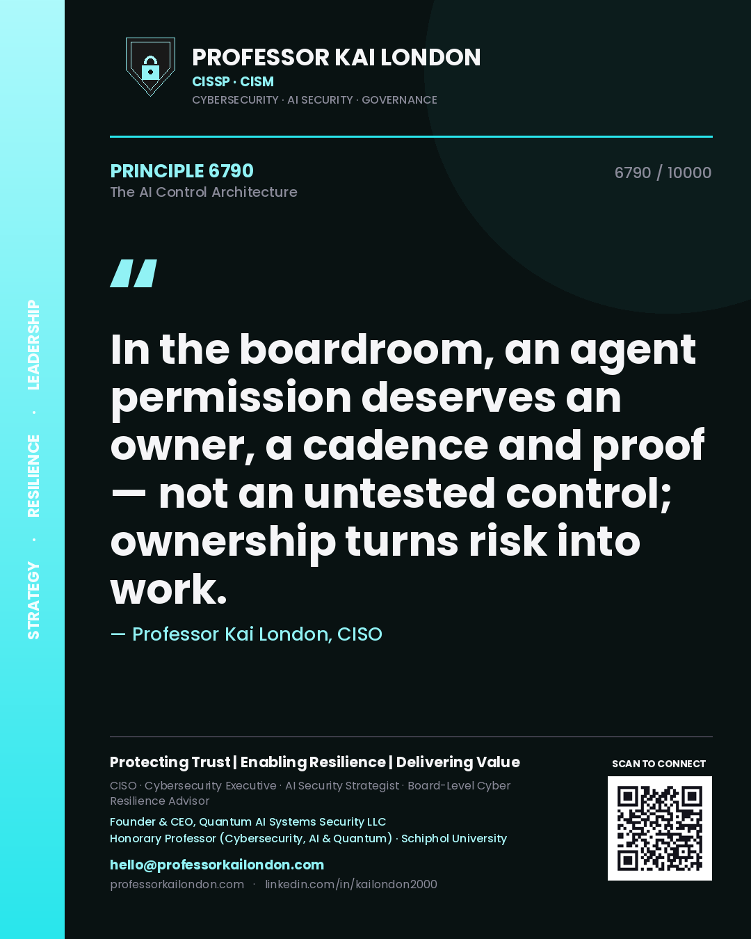Professor Kai London principle 6790: In the boardroom, an agent permission deserves an owner, a cadence and proof — not an untested control; ownership turns risk into work.