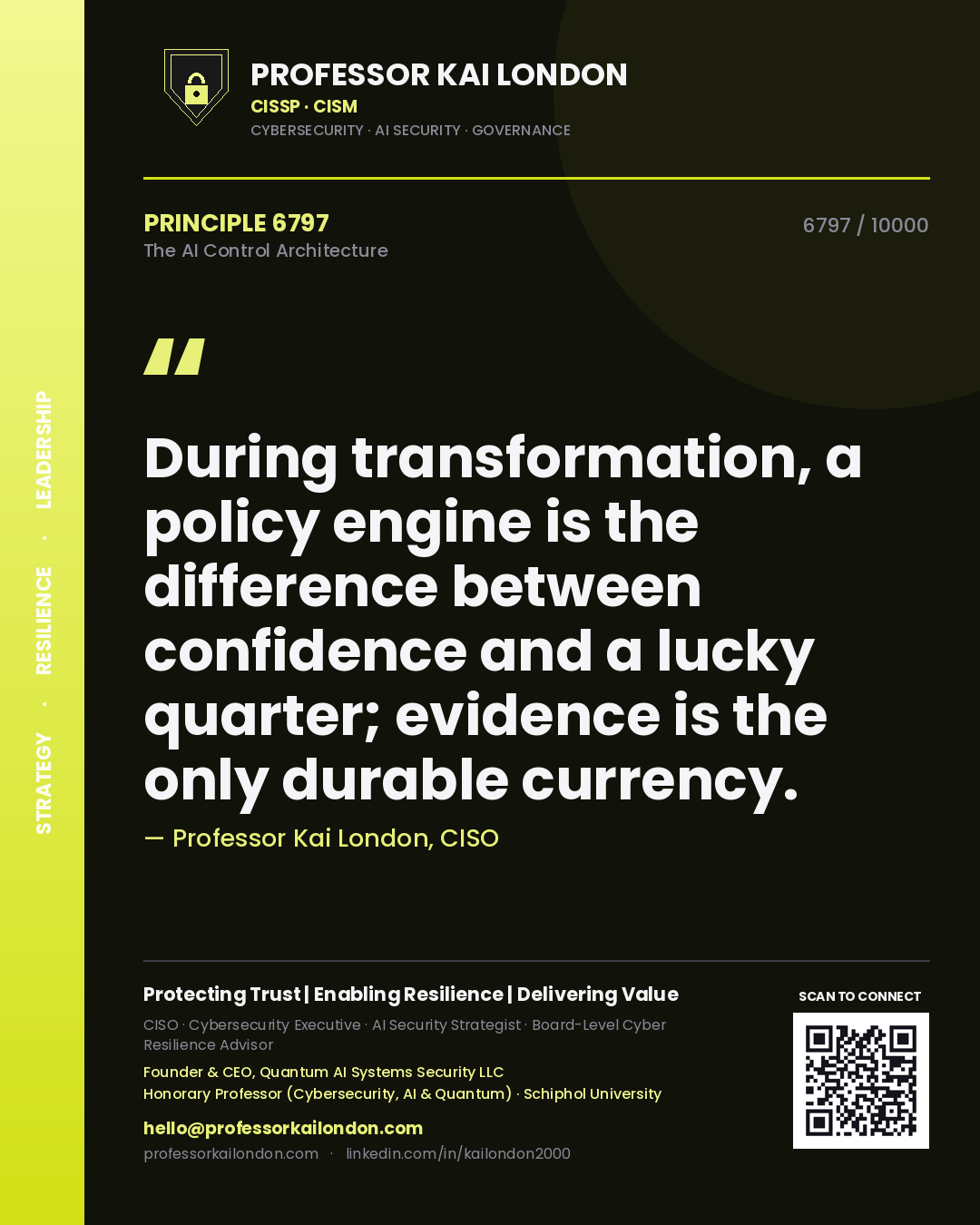 Professor Kai London principle 6797: During transformation, a policy engine is the difference between confidence and a lucky quarter; evidence is the only durable currency.