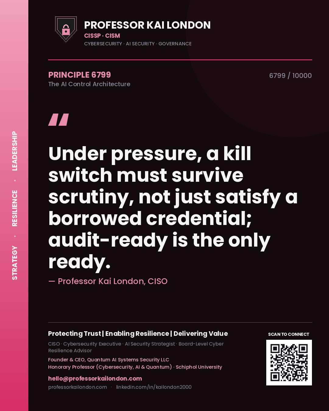 Quote card by Professor Kai London reading 'Under pressure, a kill switch must survive scrutiny, not just satisfy a borrowed credential; audit-ready is the only ready.'. From the book The AI Control Architecture.
