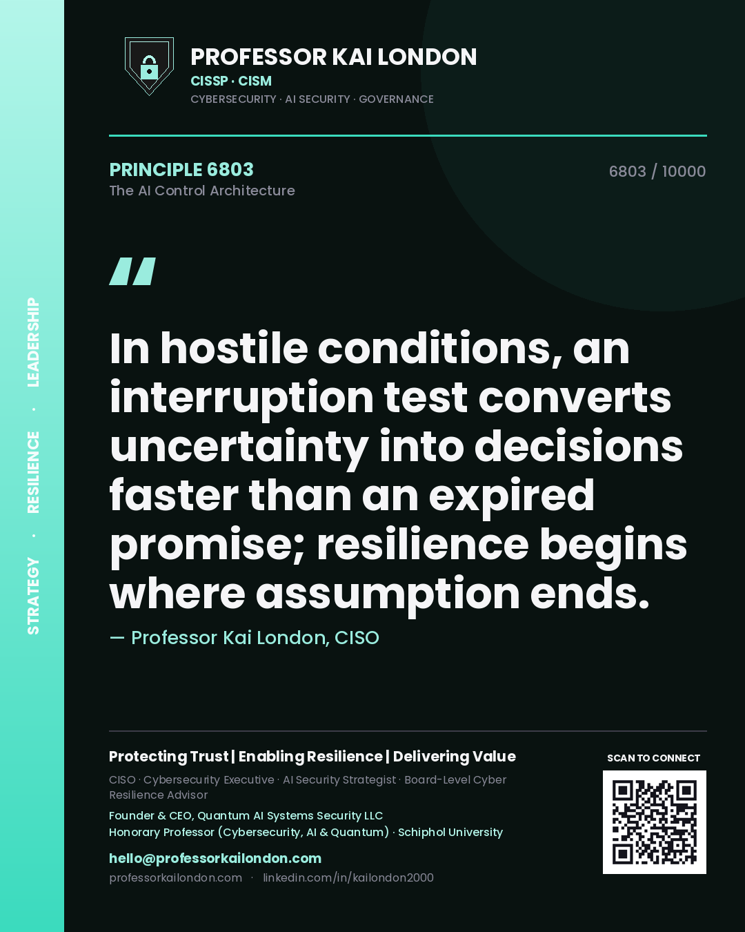 Professor Kai London principle 6803: In hostile conditions, an interruption test converts uncertainty into decisions faster than an expired promise; resilience begins where assumption ends.