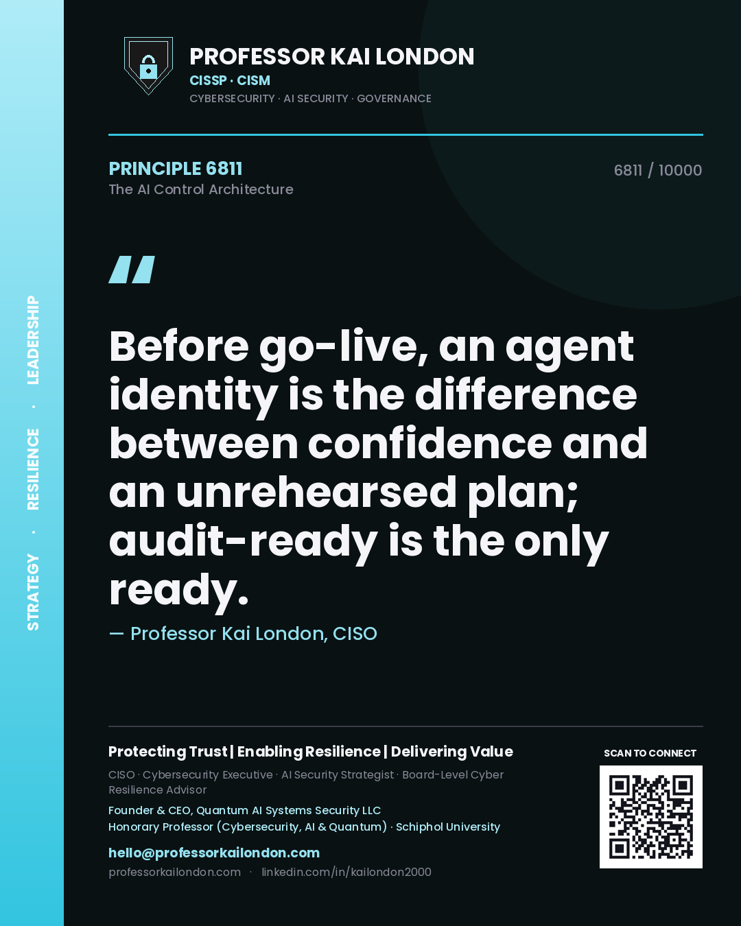 Professor Kai London principle 6811: Before go-live, an agent identity is the difference between confidence and an unrehearsed plan; audit-ready is the only ready.