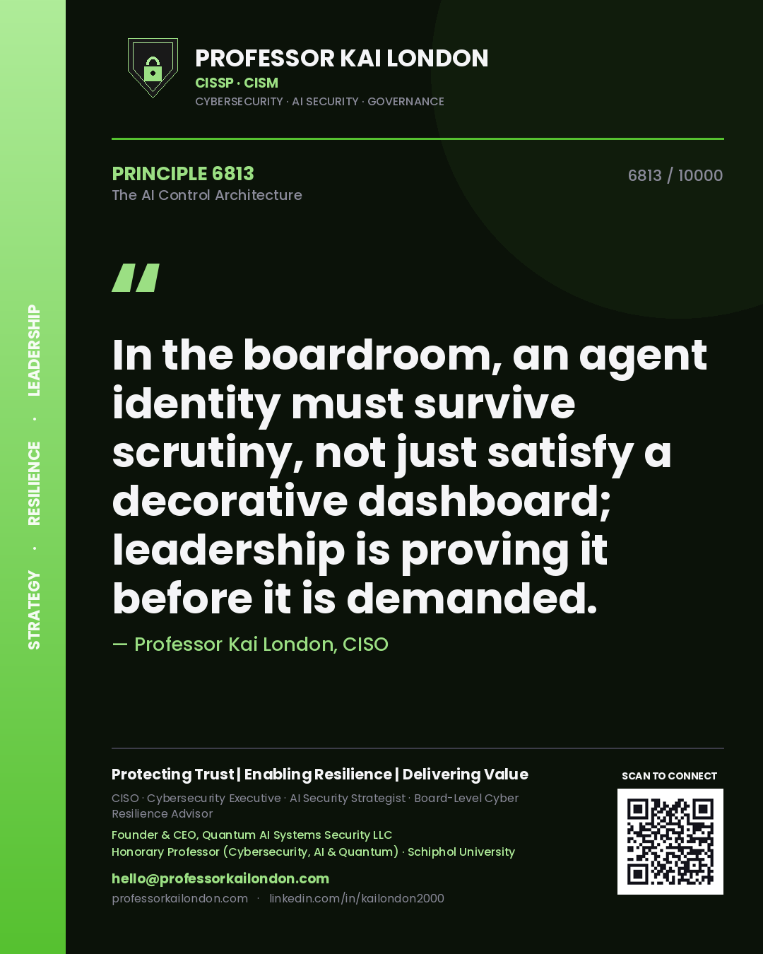 Professor Kai London principle 6813: In the boardroom, an agent identity must survive scrutiny, not just satisfy a decorative dashboard; leadership is proving it before it is demanded.