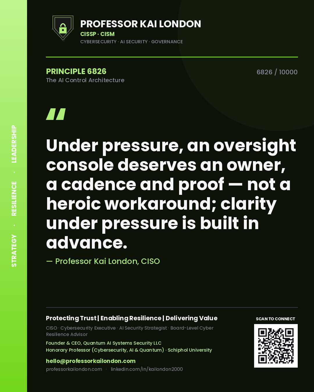 Quote card by Professor Kai London reading 'Under pressure, an oversight console deserves an owner, a cadence and proof — not a heroic workaround; clarity under pressure is built in advance.'. From the book The AI Control Architecture.
