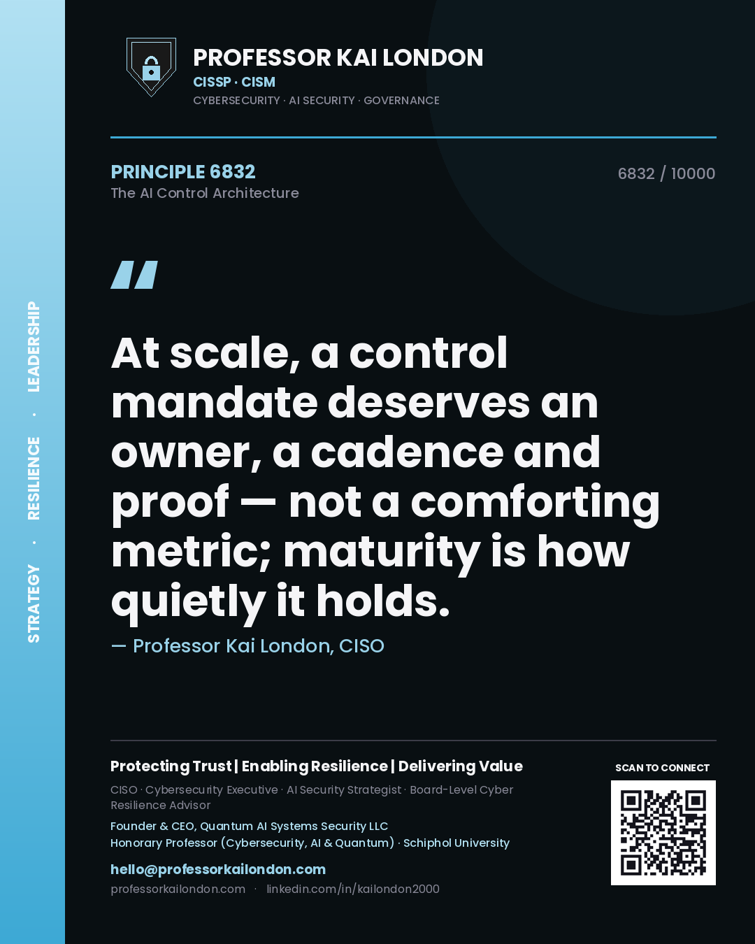 Quote card by Professor Kai London reading 'At scale, a control mandate deserves an owner, a cadence and proof — not a comforting metric; maturity is how quietly it holds.'. From the book The AI Control Architecture.