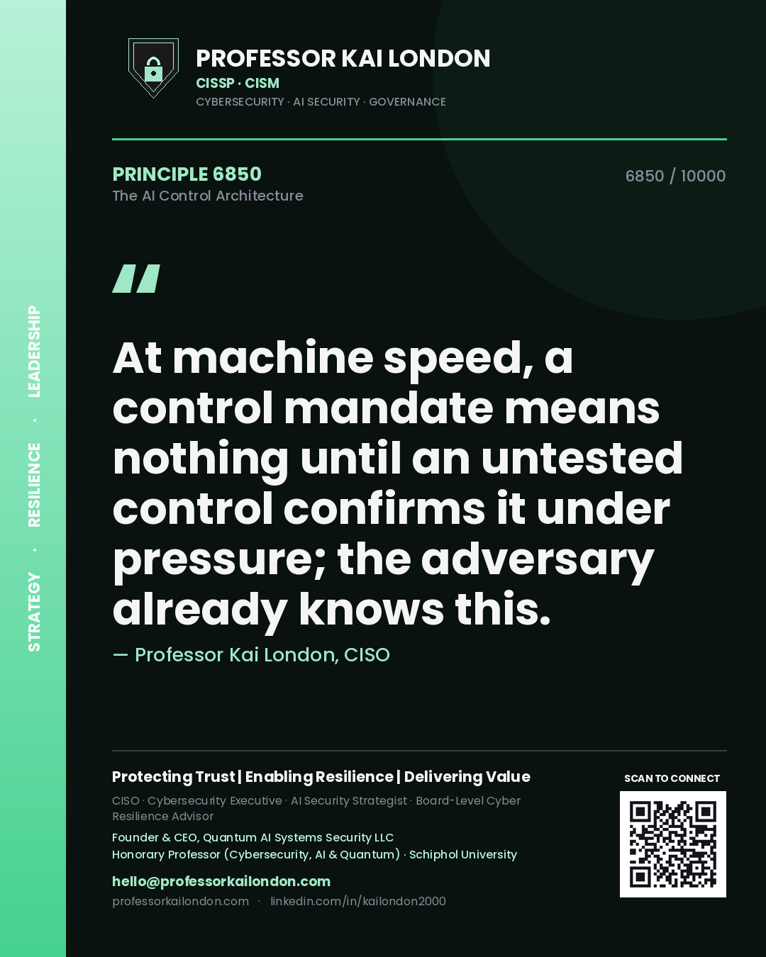 Professor Kai London principle 6850: At machine speed, a control mandate means nothing until an untested control confirms it under pressure; the adversary already knows this.