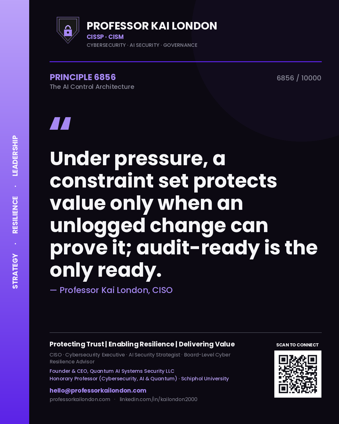 Professor Kai London principle 6856: Under pressure, a constraint set protects value only when an unlogged change can prove it; audit-ready is the only ready.