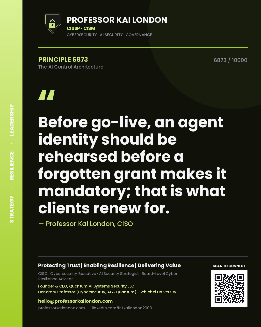 Quote card by Professor Kai London reading 'Before go-live, an agent identity should be rehearsed before a forgotten grant makes it mandatory; that is what clients renew for.'. From the book The AI Control Architecture.