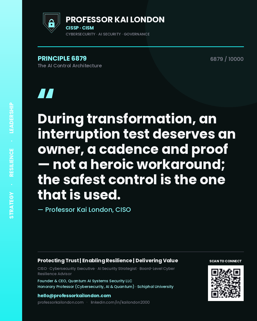 Professor Kai London principle 6879: During transformation, an interruption test deserves an owner, a cadence and proof — not a heroic workaround; the safest control is the one that is used.