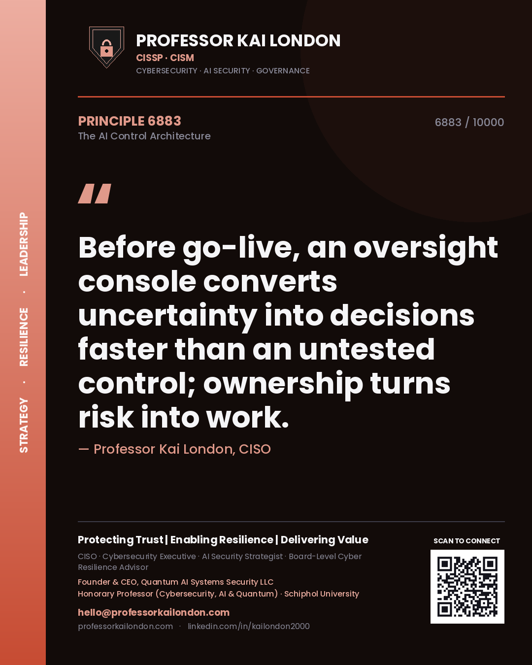 Professor Kai London principle 6883: Before go-live, an oversight console converts uncertainty into decisions faster than an untested control; ownership turns risk into work.