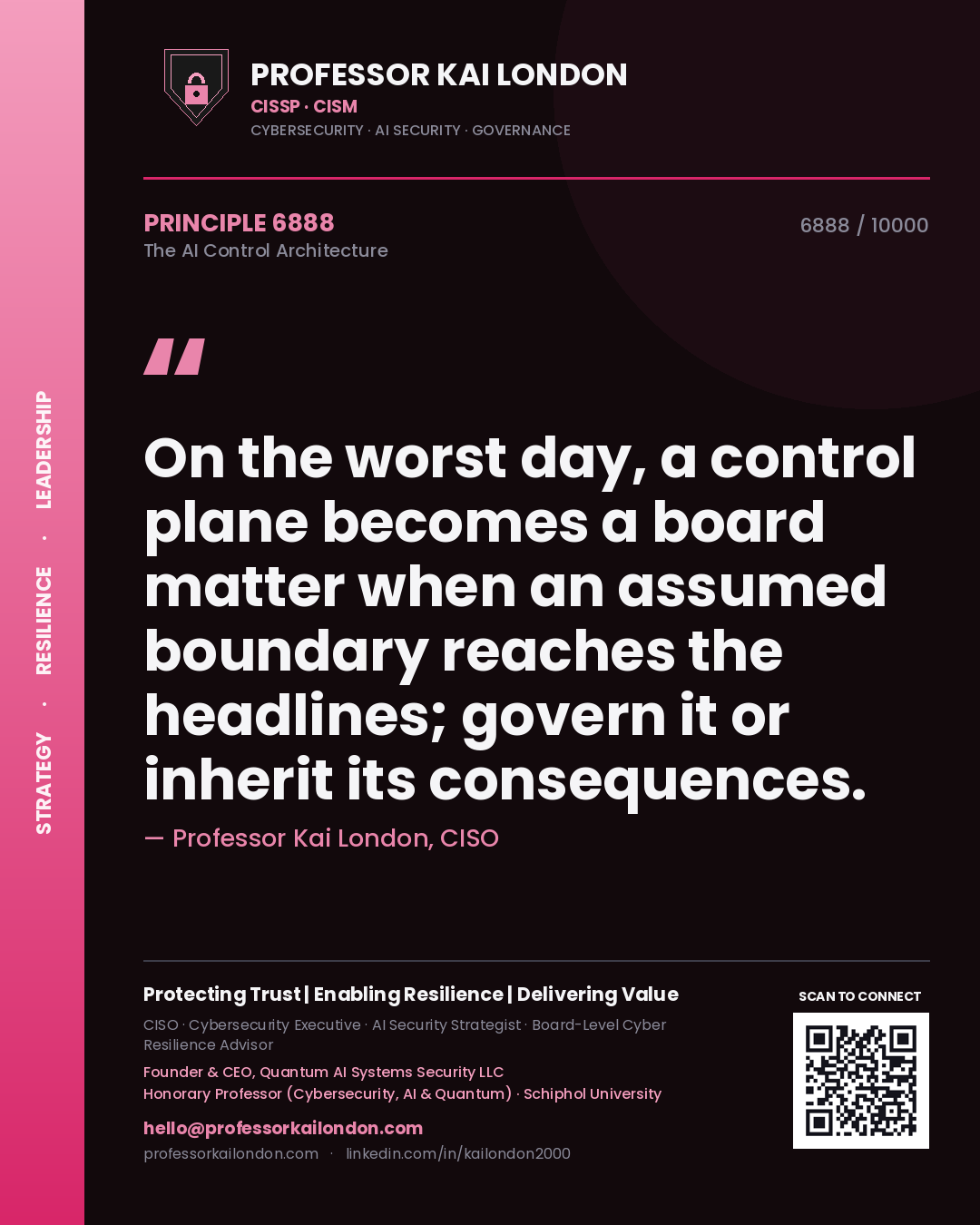 Quote card by Professor Kai London reading 'On the worst day, a control plane becomes a board matter when an assumed boundary reaches the headlines; govern it or inherit its consequences.'. From the book The AI Control Architecture.