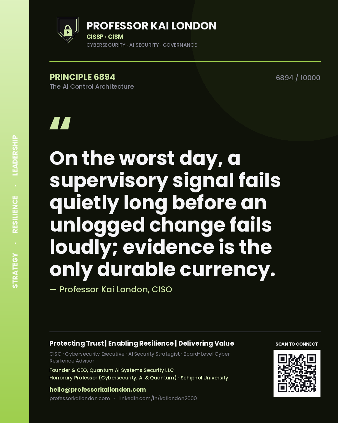 Professor Kai London principle 6894: On the worst day, a supervisory signal fails quietly long before an unlogged change fails loudly; evidence is the only durable currency.