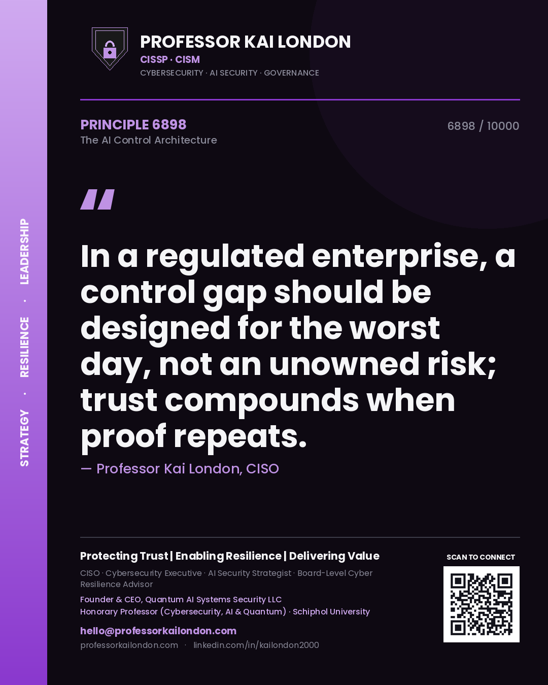 Professor Kai London principle 6898: In a regulated enterprise, a control gap should be designed for the worst day, not an unowned risk; trust compounds when proof repeats.